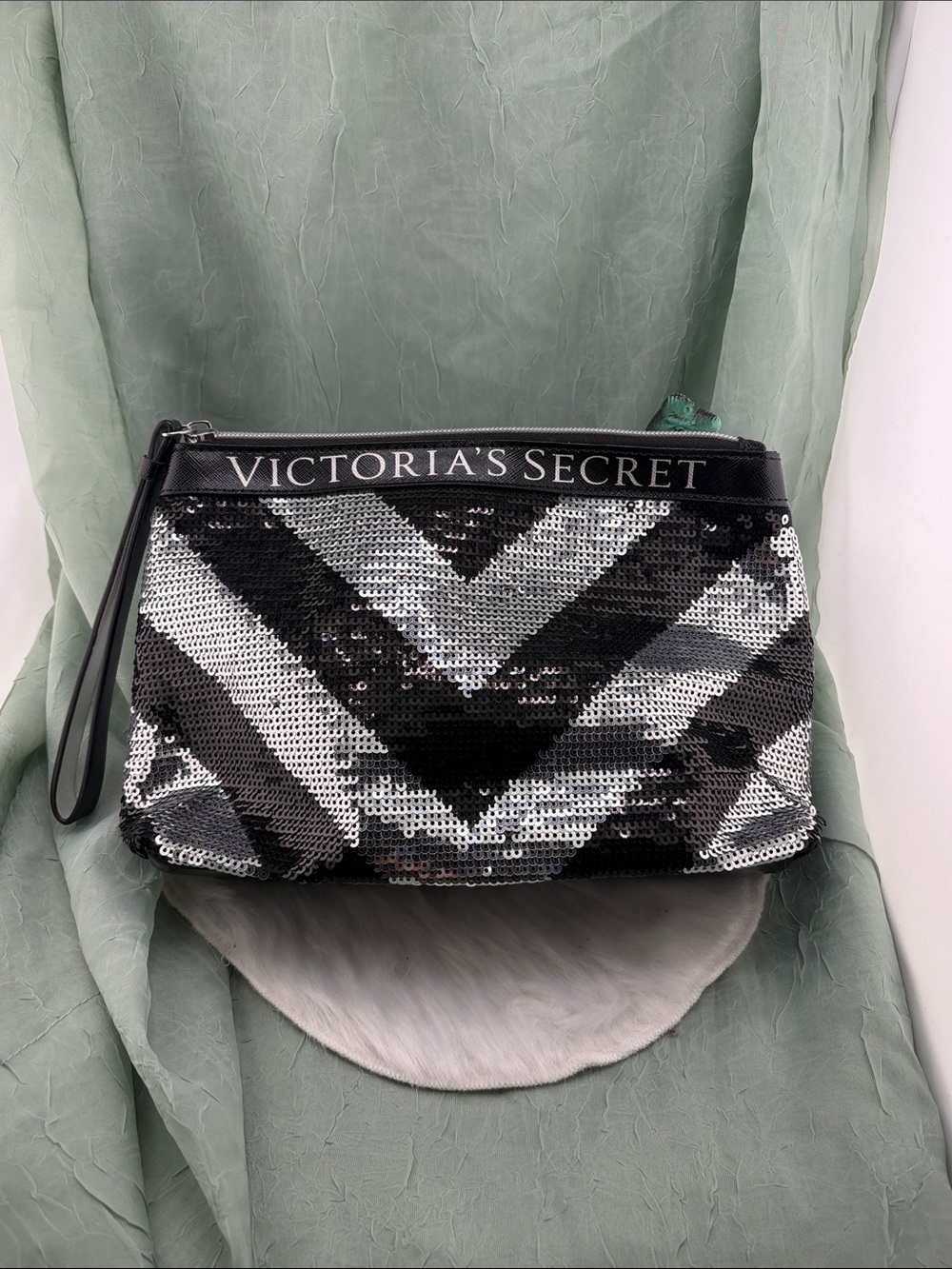 Victoria's Secret Black & Silver Chevron Sequin Wristlet
